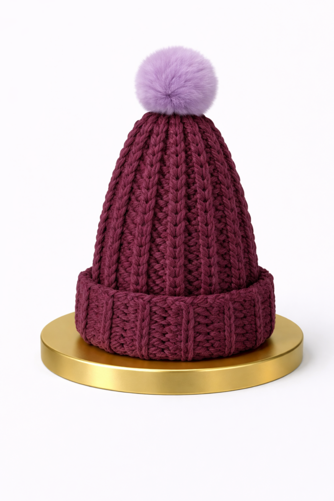 bonnet prune avec pompon mauve