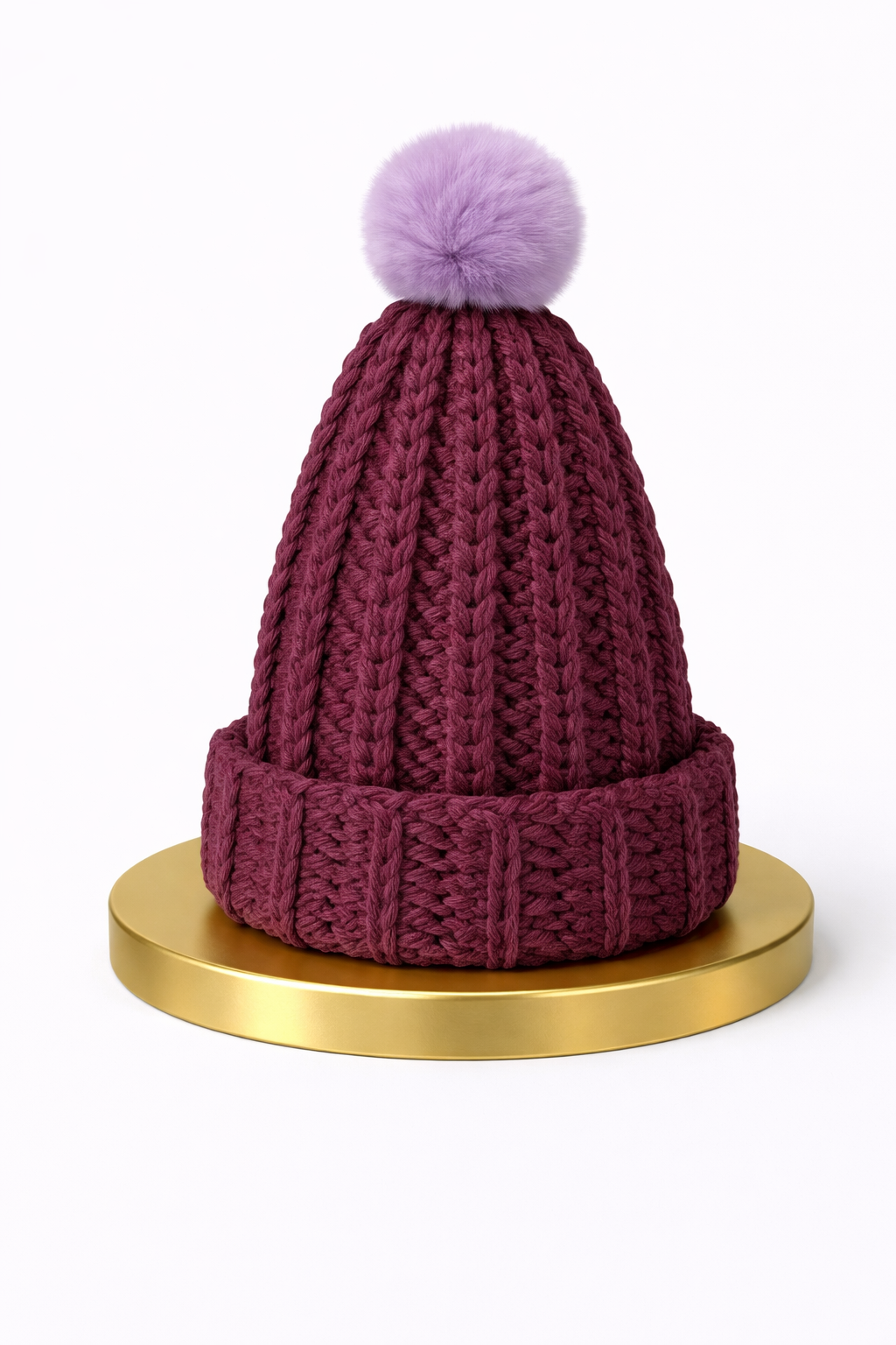 bonnet prune avec pompon mauve