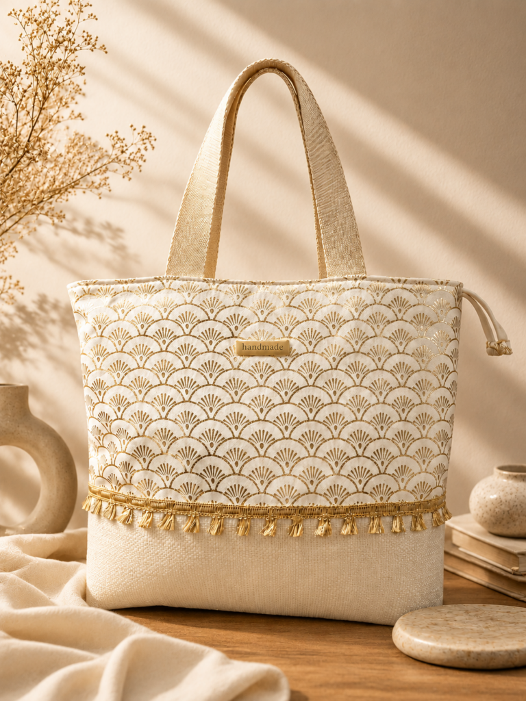 sac creme dore ruban pompons 1
